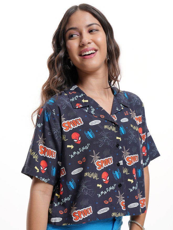 Marvel By Tokyo Talkies Women Navy Blue Spider-Man Printed Casual Shirt - Navy Blue - Image 6