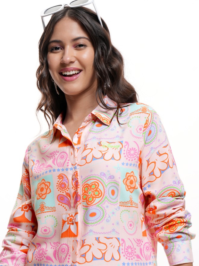 Disney By Tokyo Talkies Women Peach Mickey Mouse Printed Casual Shirt - Peach - Image 1