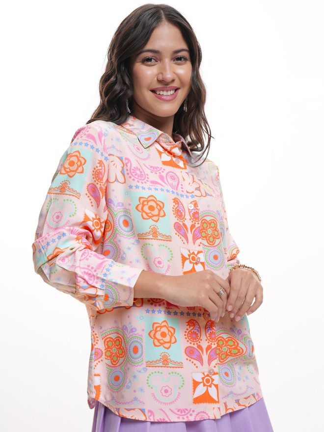 Disney By Tokyo Talkies Women Peach Mickey Mouse Printed Casual Shirt - Peach - Image 6