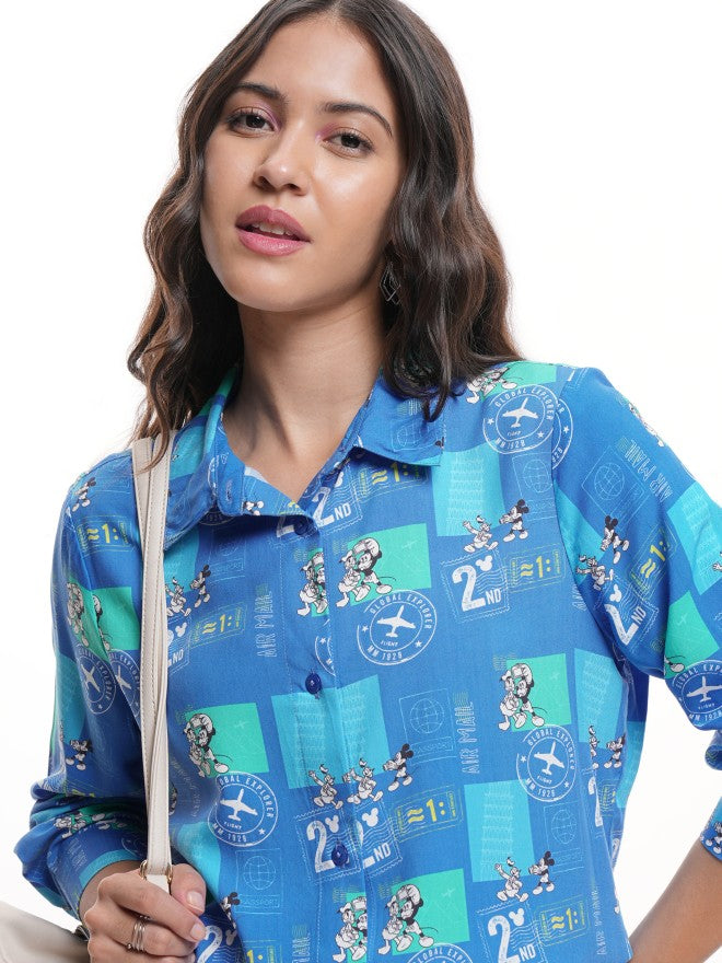 Disney By Tokyo Talkies Women Blue Mickey Mouse Printed Casual Shirt - Blue - Image 1