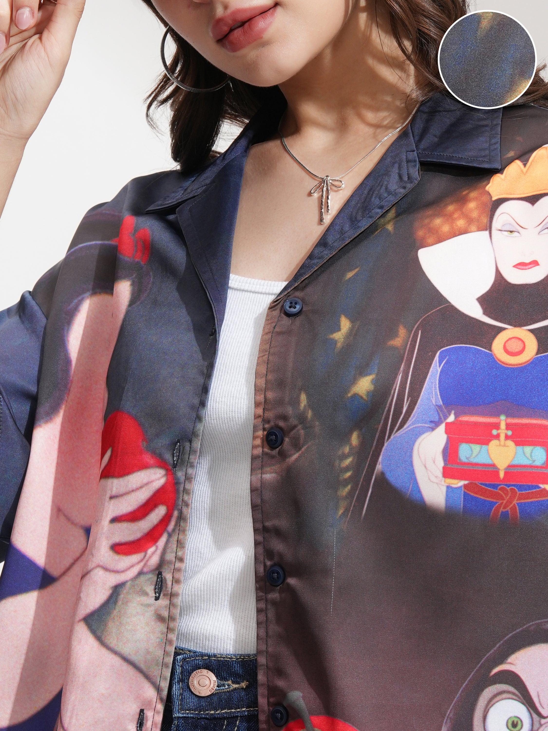 Disney By Tokyo Talkies Women Blue Snow White And Evil Queen Printed Casual Shirt - Blue - Image 5