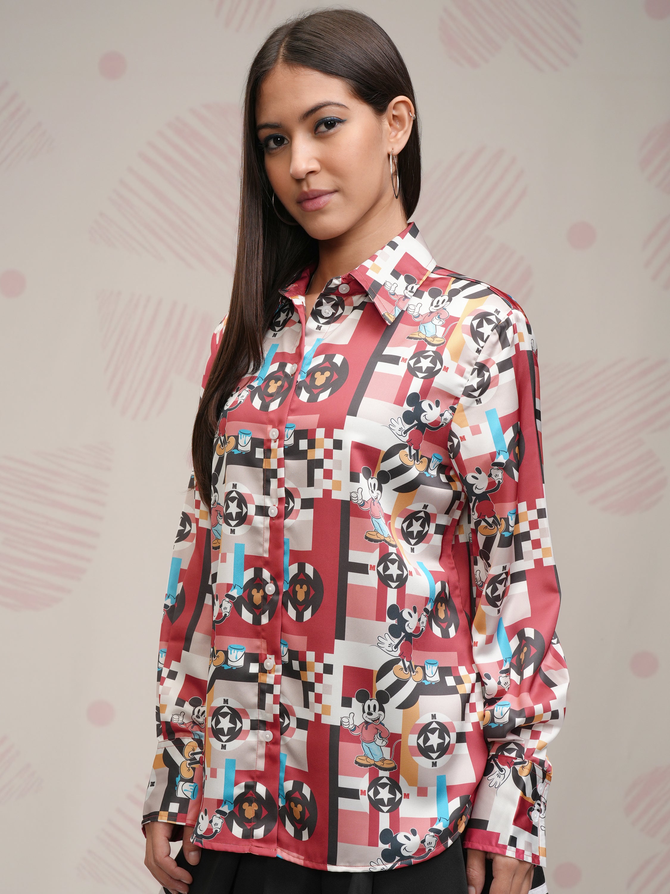 Disney By Tokyo Talkies Women Maroon Mickey Mouse Printed Casual Shirt - Maroon - Image 4