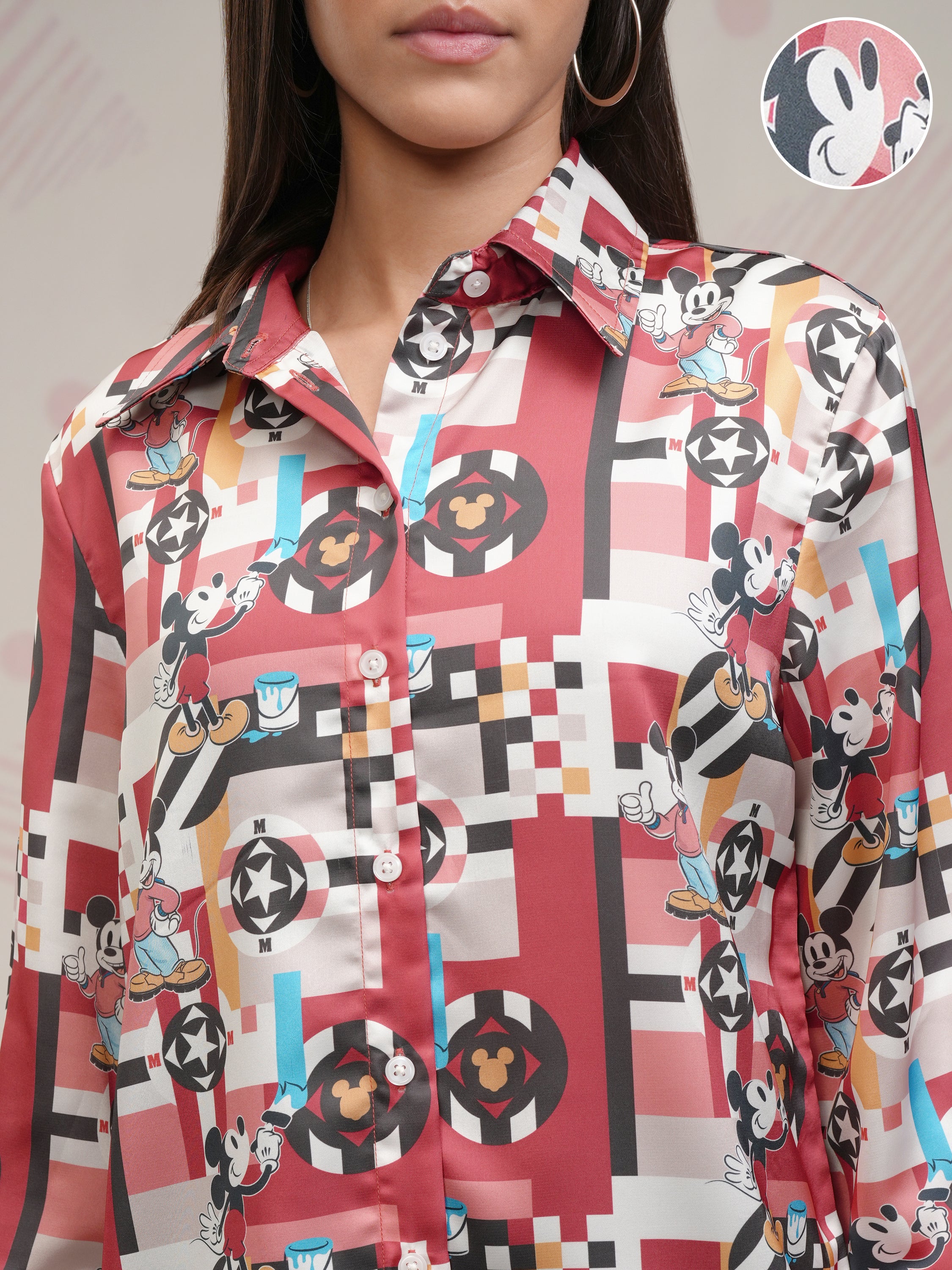 Disney By Tokyo Talkies Women Maroon Mickey Mouse Printed Casual Shirt - Maroon - Image 5