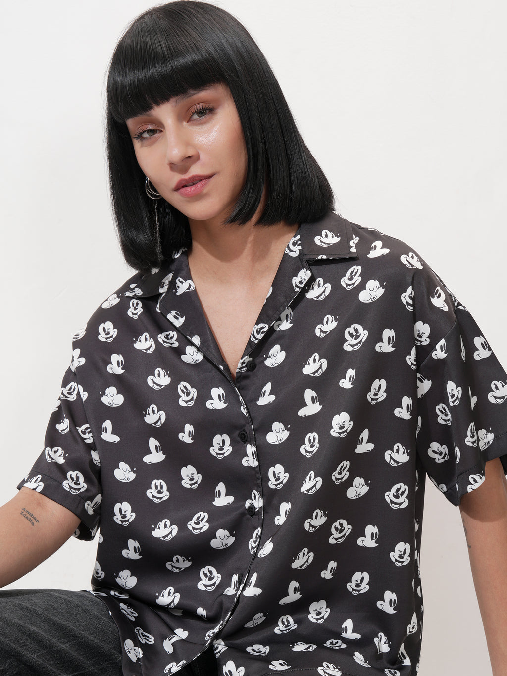 Disney By Tokyo Talkies Women Black Mickey Mouse Printed Casual Shirt - Black - Image 1