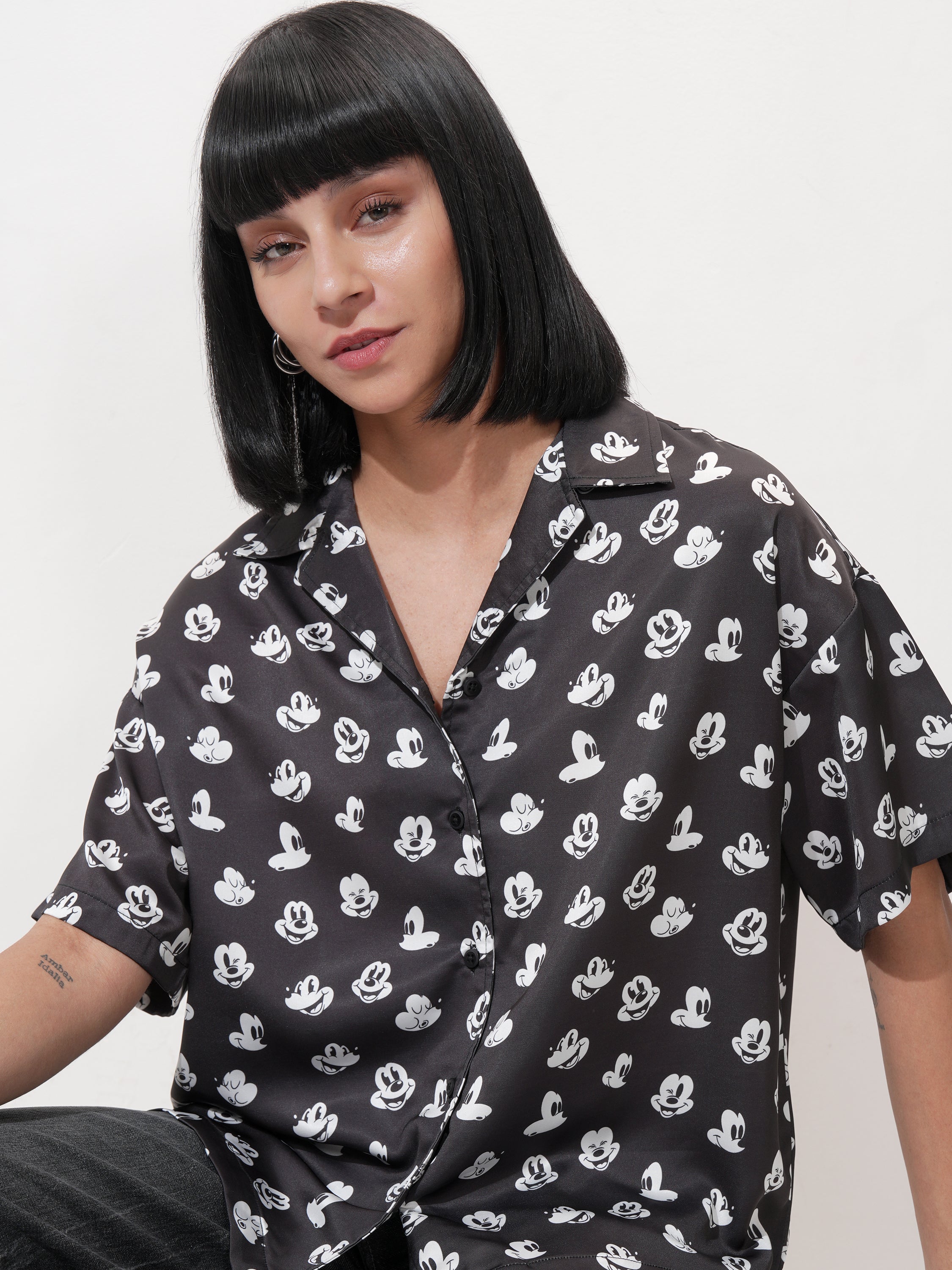 Disney By Tokyo Talkies Women Black Mickey Mouse Printed Casual Shirt - Black - Image 1