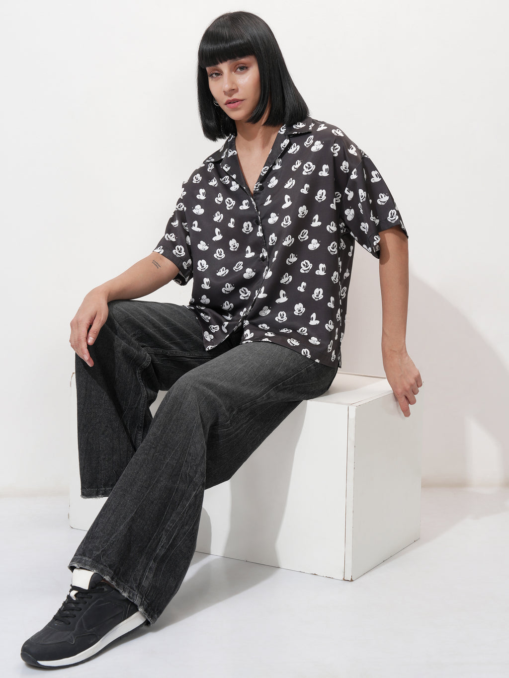 Disney By Tokyo Talkies Women Black Mickey Mouse Printed Casual Shirt - Black - Image 2