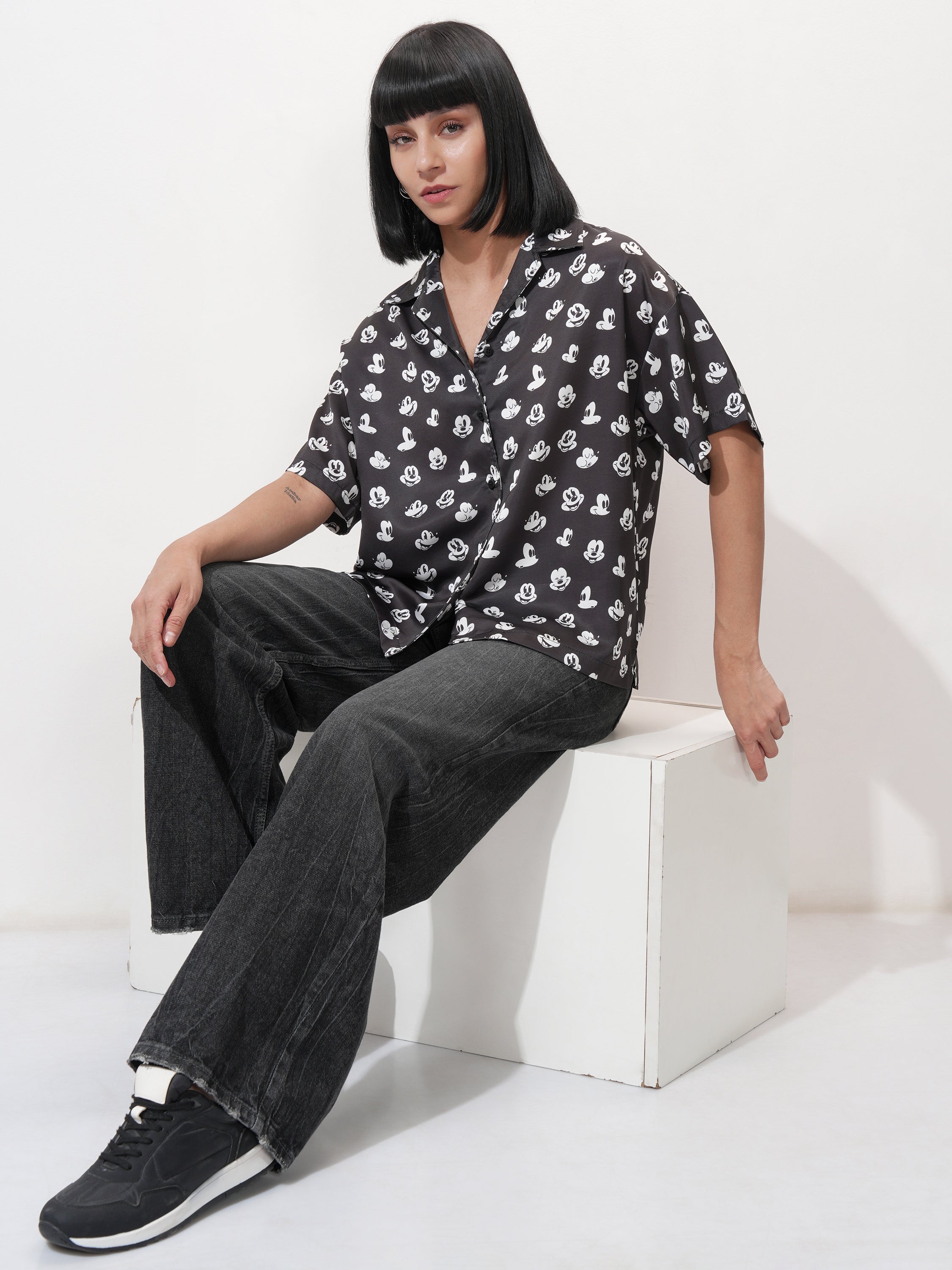 Disney By Tokyo Talkies Women Black Mickey Mouse Printed Casual Shirt - Black - Image 2