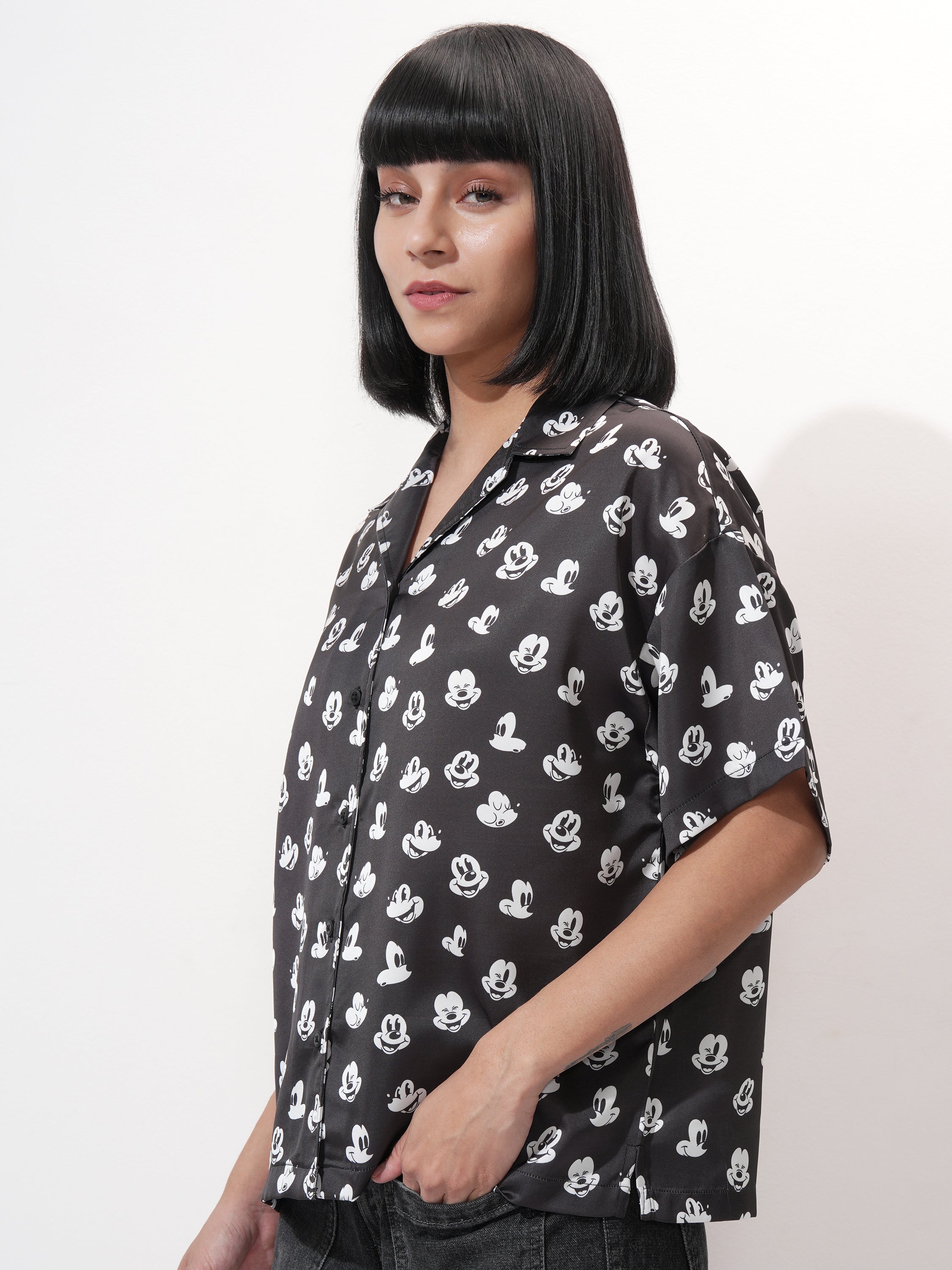 Disney By Tokyo Talkies Women Black Mickey Mouse Printed Casual Shirt - Black - Image 4