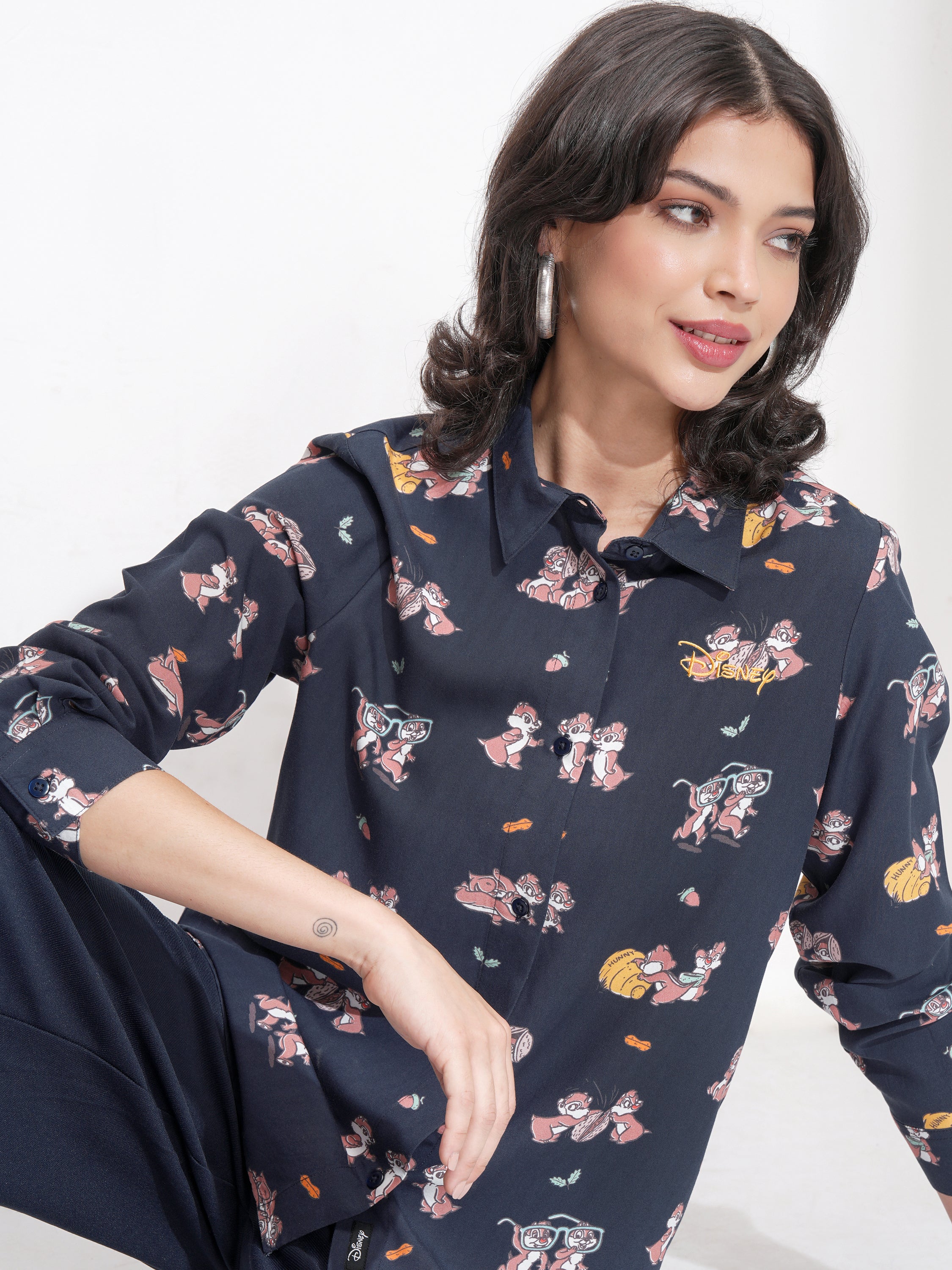 Disney By Tokyo Talkies Women Navy Blue Chip And Dale Printed Casual Shirt - Navy Blue - Image 1
