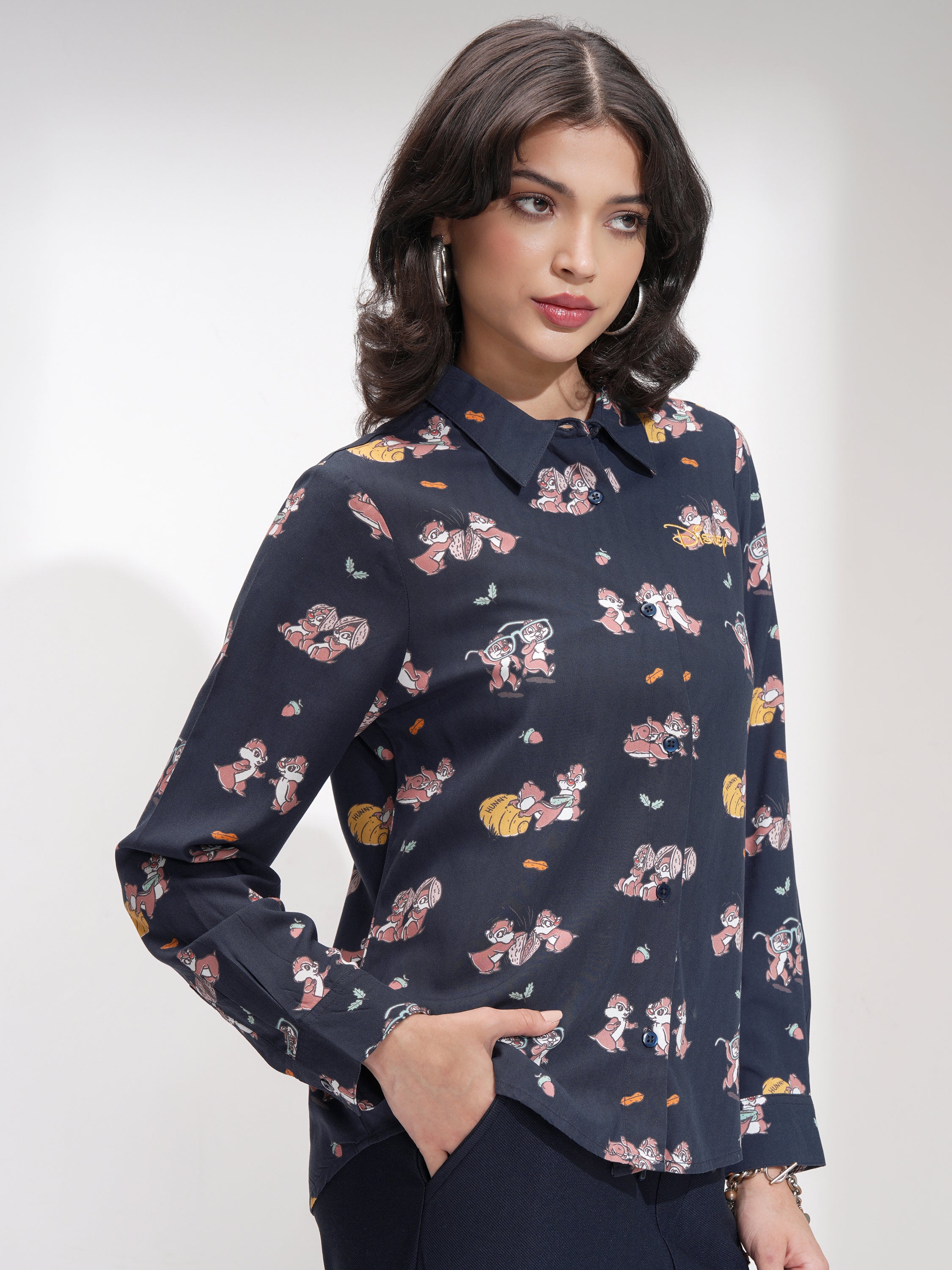 Disney By Tokyo Talkies Women Navy Blue Chip And Dale Printed Casual Shirt - Navy Blue - Image 6