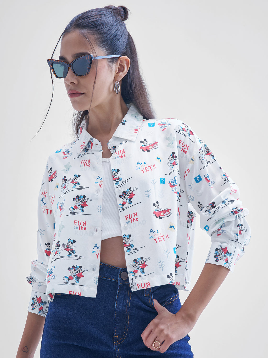 Disney By Tokyo Talkies Women White Mickey And Minnie Mouse Printed casual shirts - White - Image 1