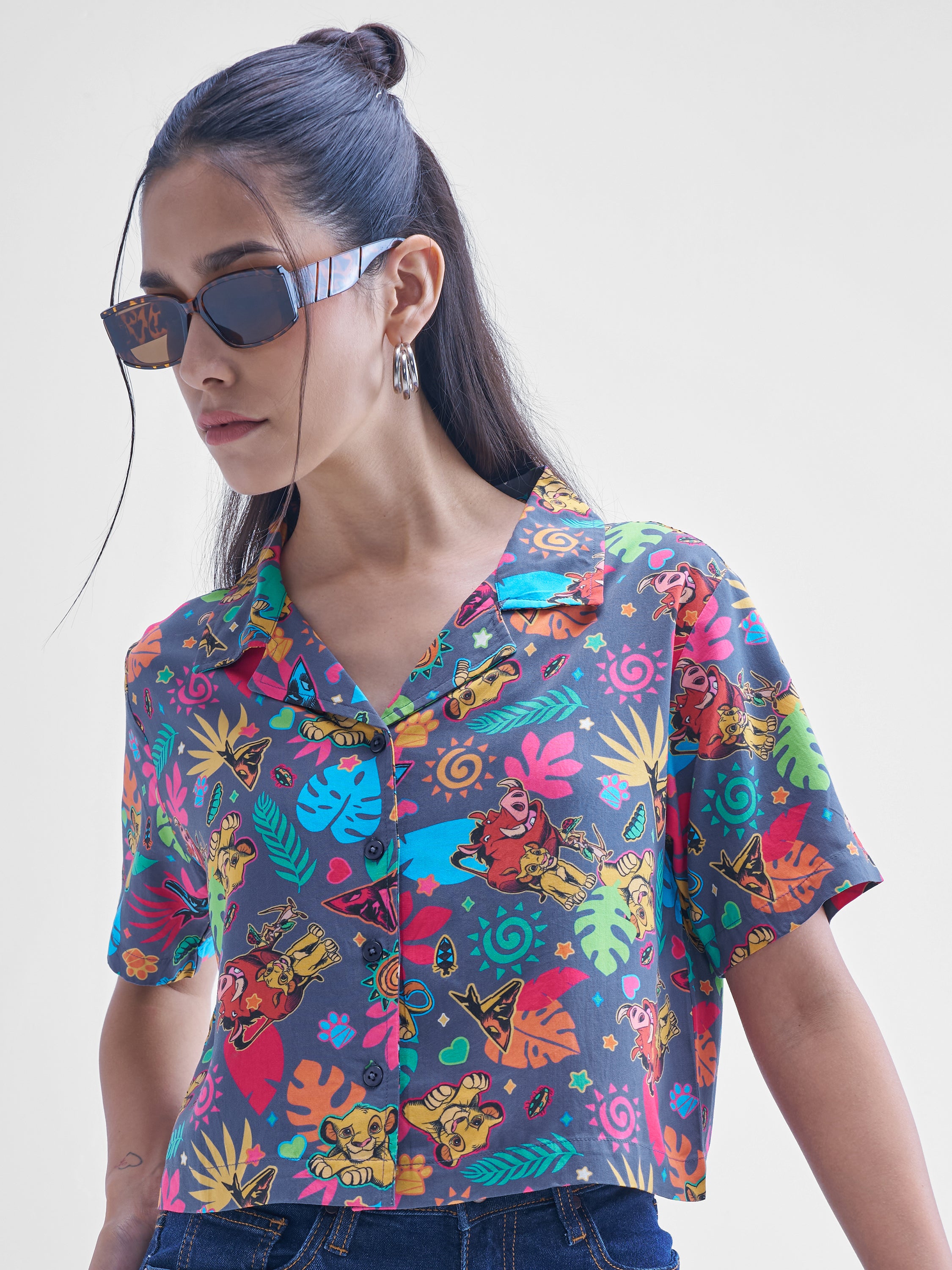 Disney By Tokyo Talkies Women Navy Blue Lion King Simba Printed casual shirts - Navy Blue - Image 1