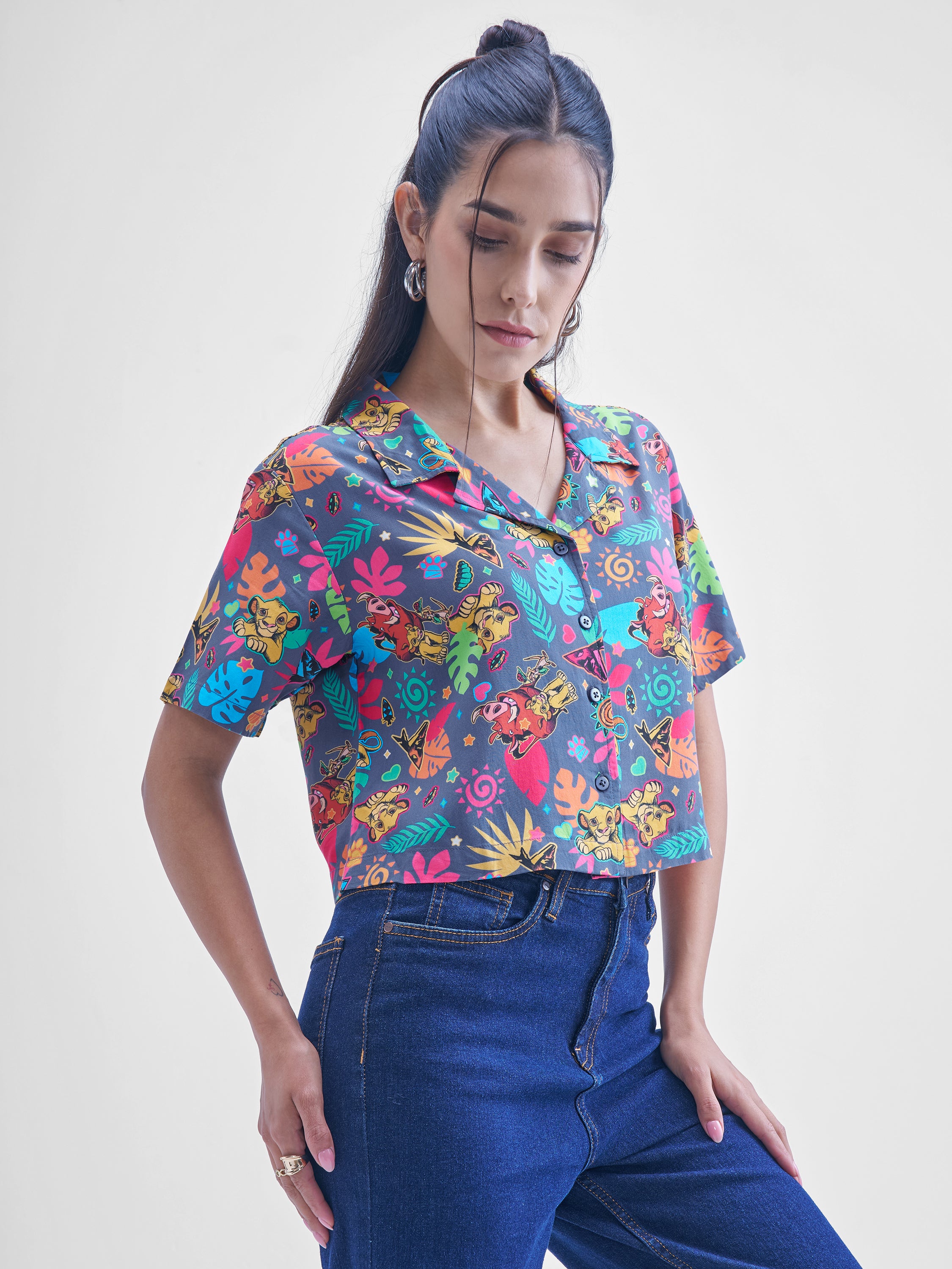 Disney By Tokyo Talkies Women Navy Blue Lion King Simba Printed casual shirts - Navy Blue - Image 6
