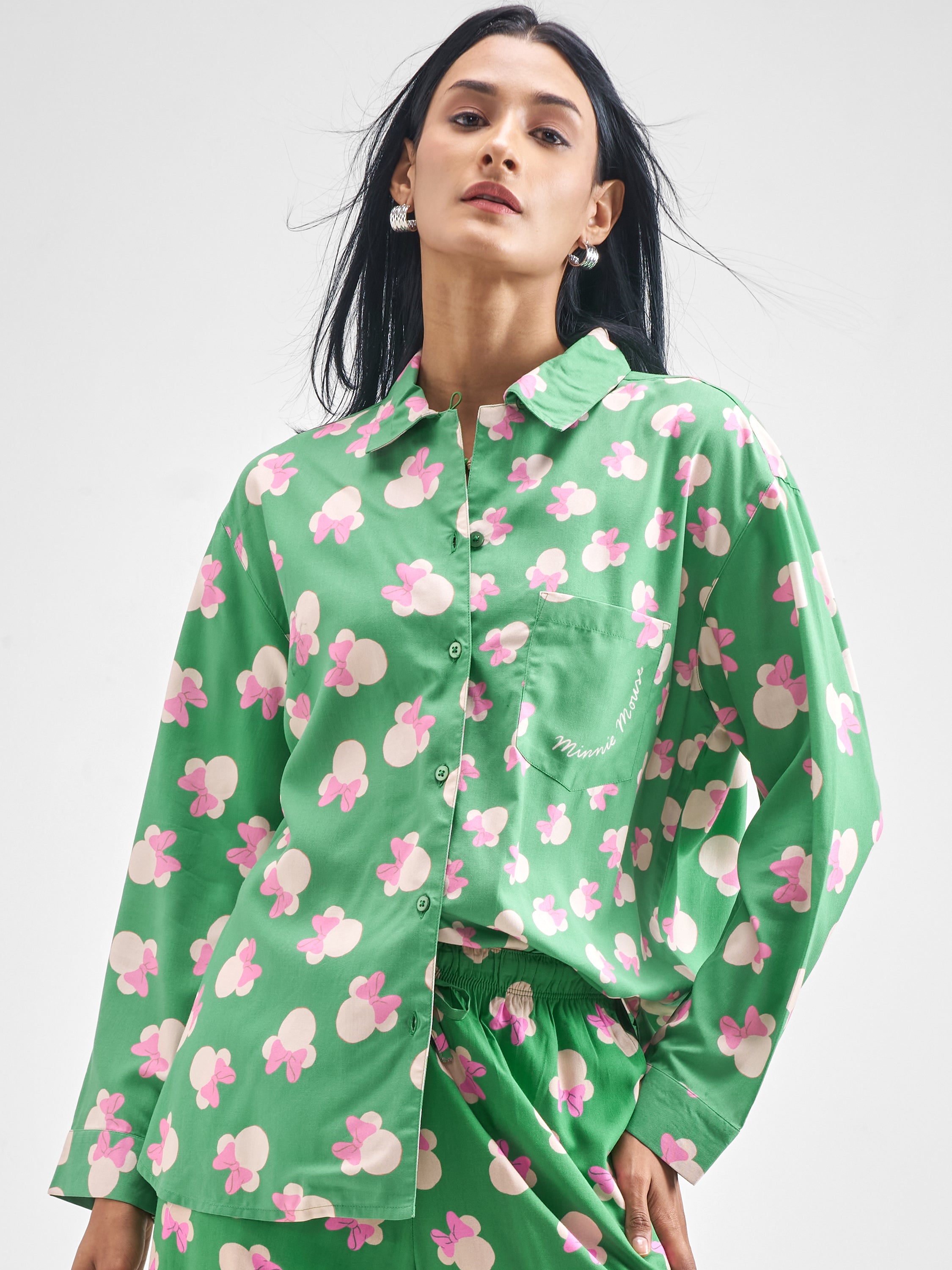 Disney By Tokyo Talkies Women Green Minnie Mouse Printed Casual Shirt - Green - Image 1