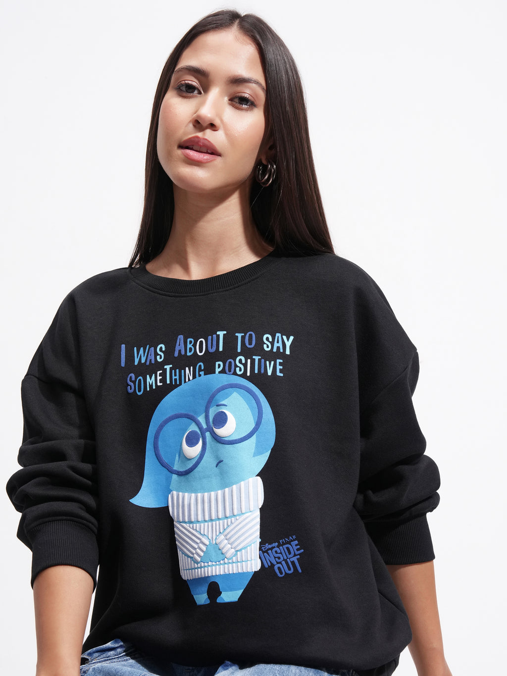 Disney By Tokyo Talkies Women Black Inside Out Printed Pullover Round Neck Sweatshirt - Black - Image 1