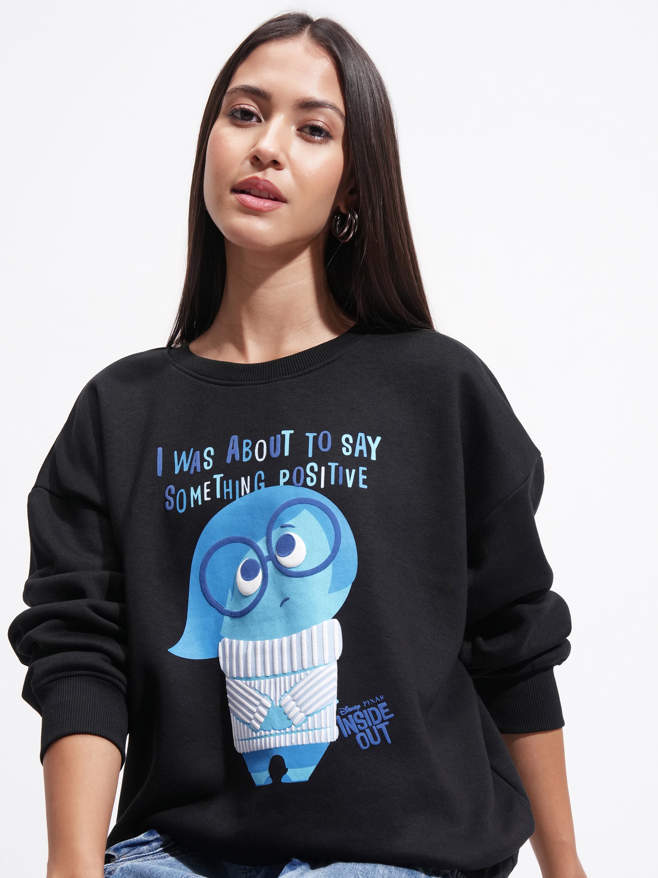 Disney By Tokyo Talkies Women Black Inside Out Printed Pullover Round Neck Sweatshirt - Black - Image 1
