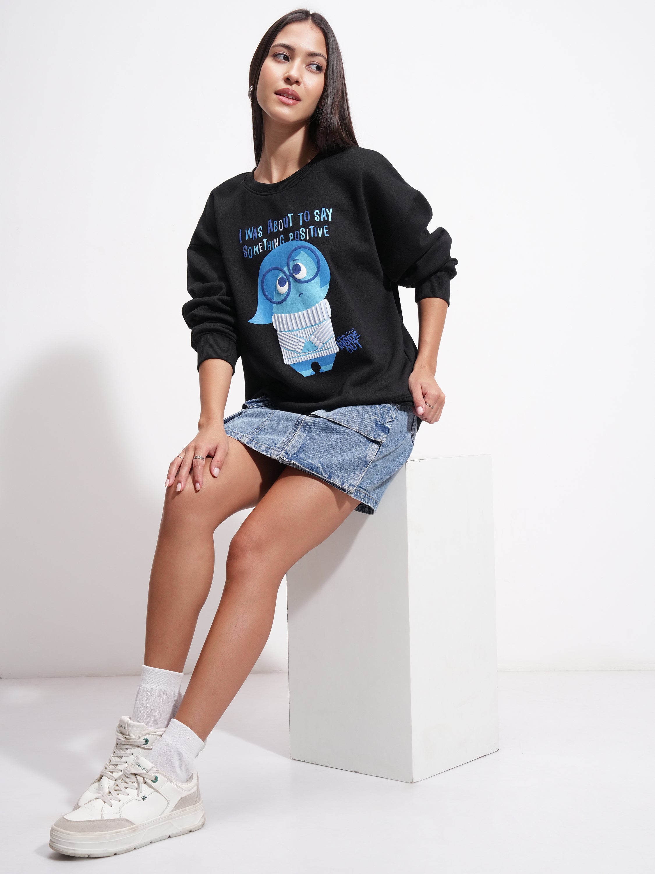 Disney By Tokyo Talkies Women Black Inside Out Printed Pullover Round Neck Sweatshirt - Black - Image 2