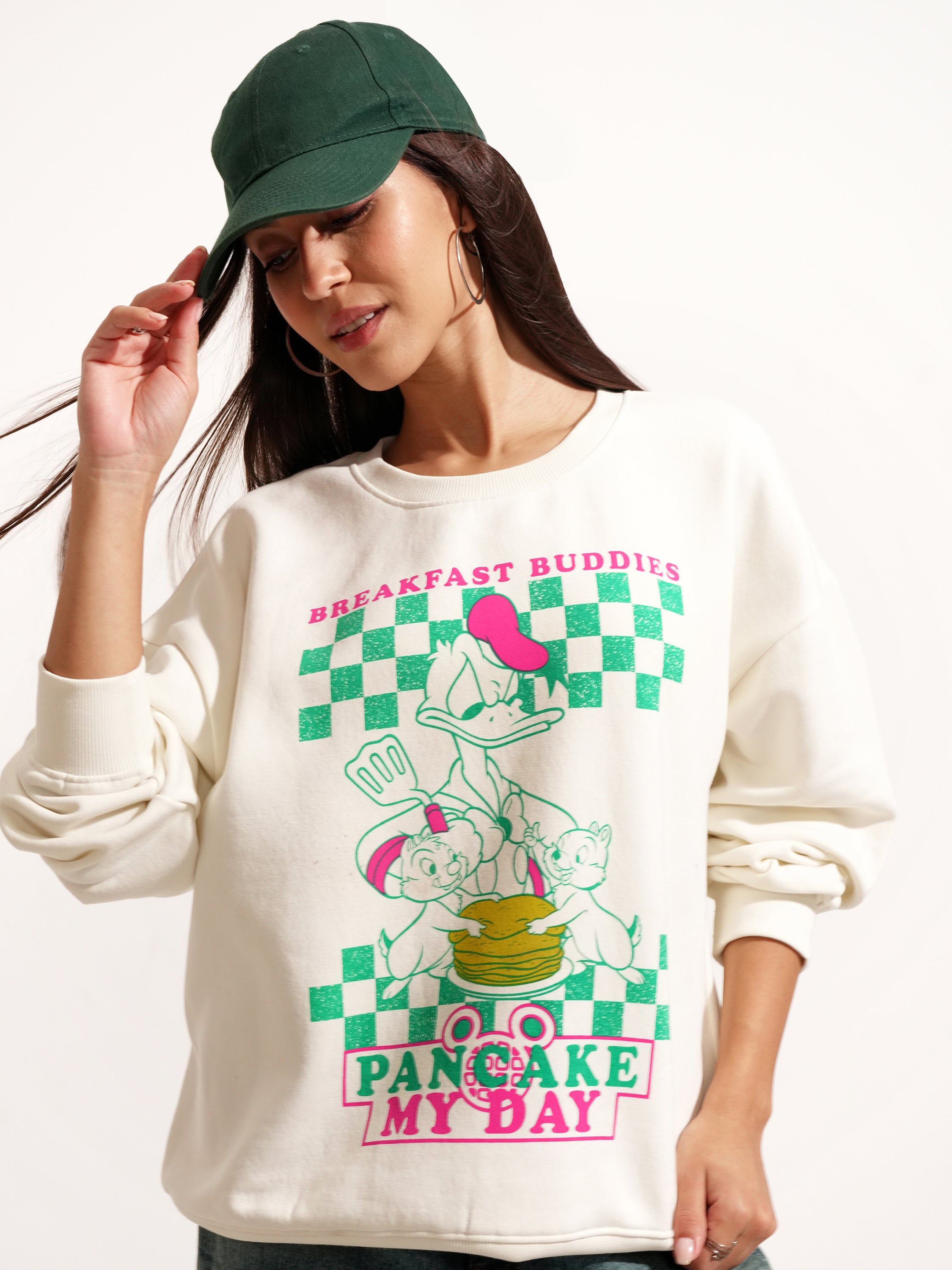 Disney By Tokyo Talkies Women White Donald Duck Printed Pullover Round Neck Sweatshirt - White - Image 1