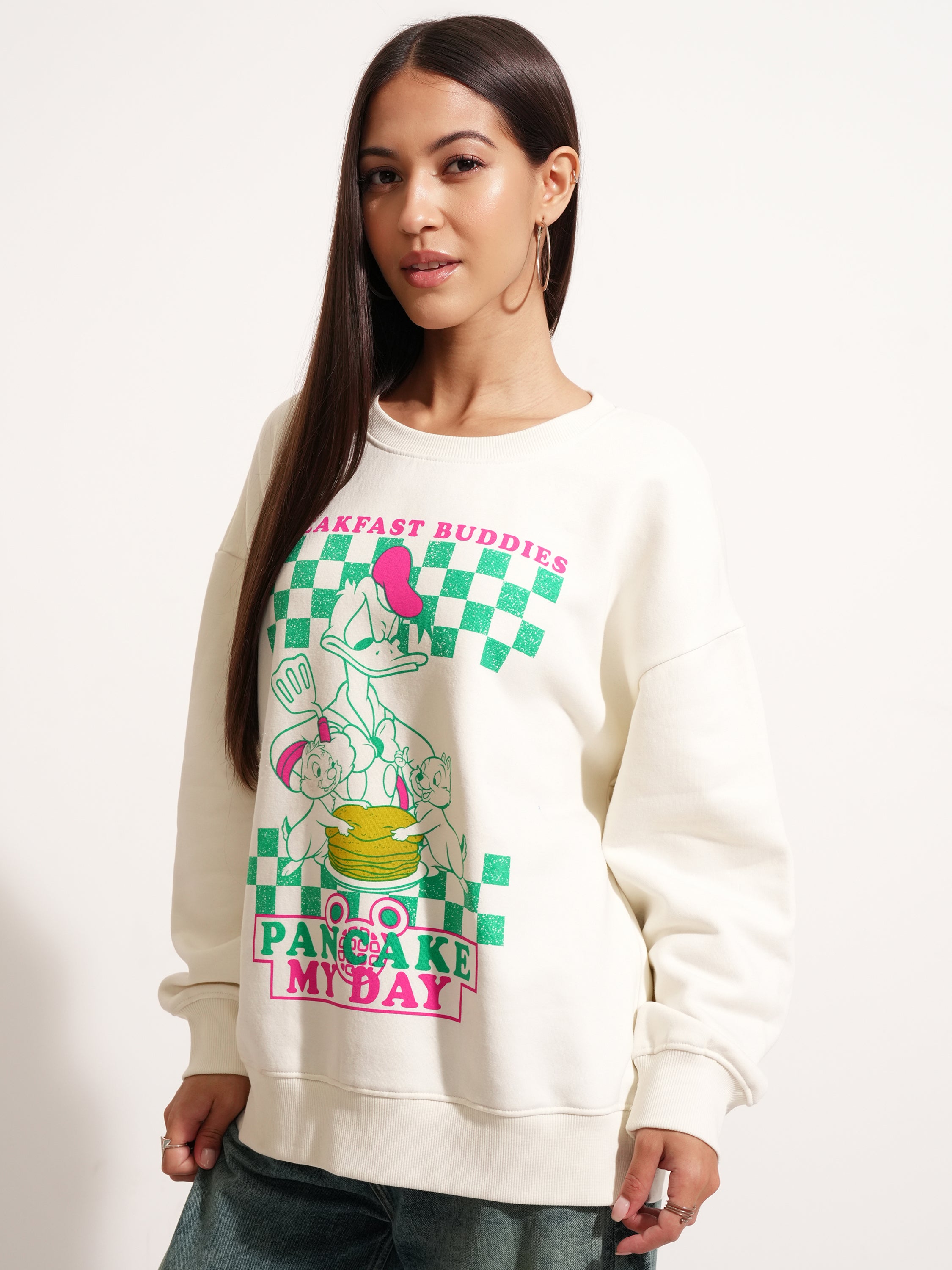 Disney By Tokyo Talkies Women White Donald Duck Printed Pullover Round Neck Sweatshirt - White - Image 4