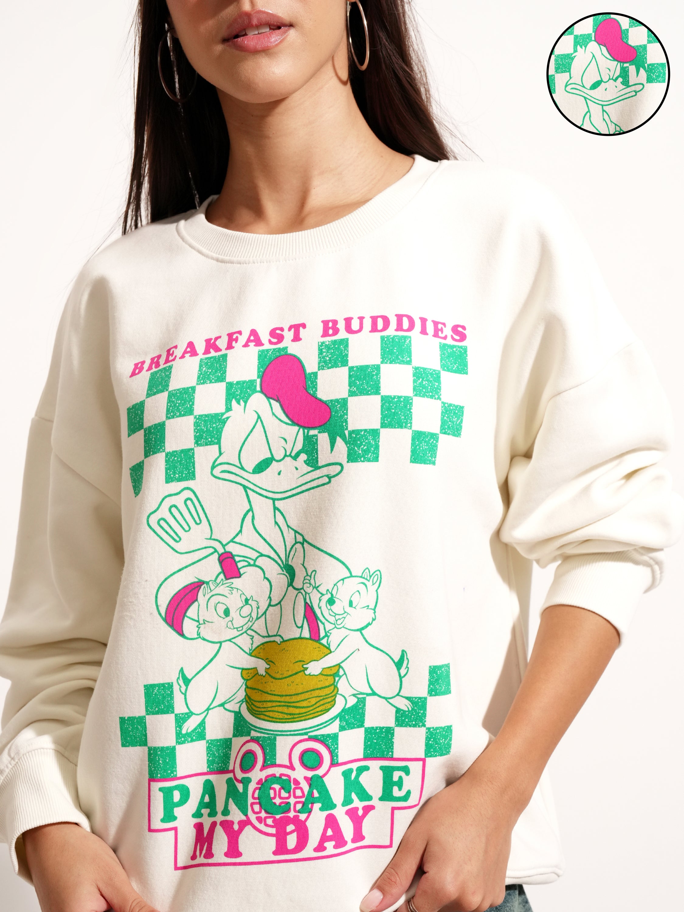 Disney By Tokyo Talkies Women White Donald Duck Printed Pullover Round Neck Sweatshirt - White - Image 5