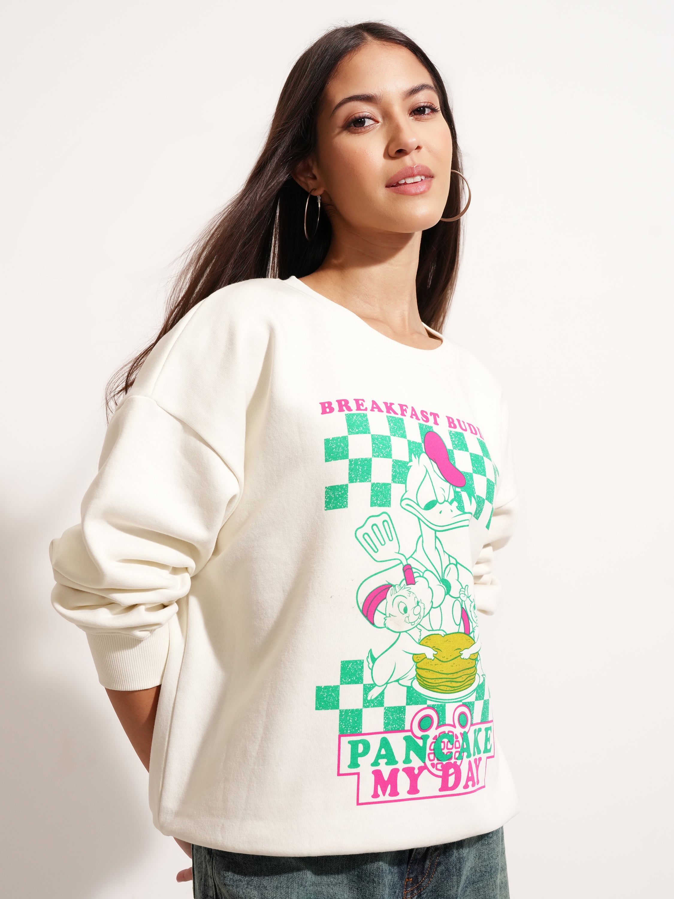 Disney By Tokyo Talkies Women White Donald Duck Printed Pullover Round Neck Sweatshirt - White - Image 6
