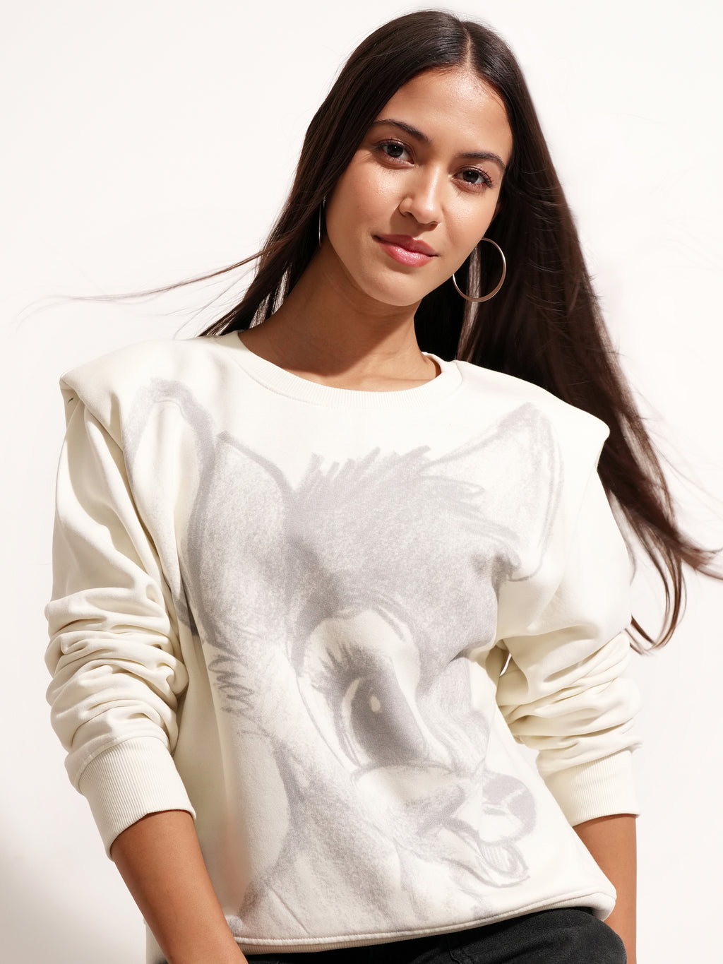 Disney By Tokyo Talkies Women White Bambi Printed Pullover Round Neck Sweatshirt - White - Image 1