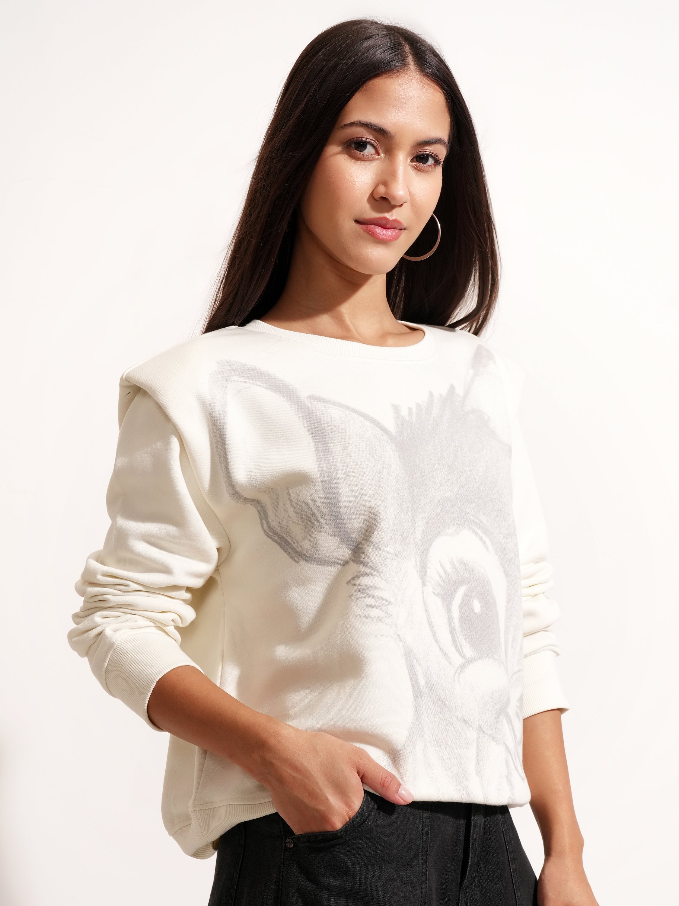 Disney By Tokyo Talkies Women White Bambi Printed Pullover Round Neck Sweatshirt - White - Image 6
