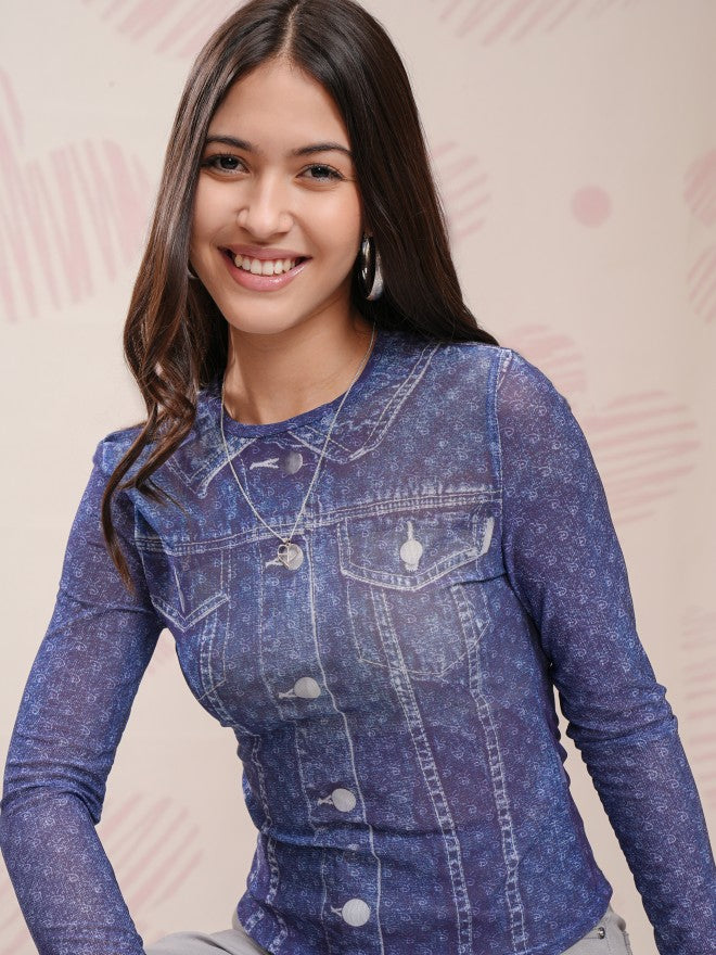 Disney By Tokyo Talkies Women Blue Mickey Mouse Printed Fitted Top - Blue - Image 1