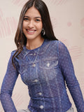 Disney By Tokyo Talkies Women Blue Mickey Mouse Printed Fitted Top - Blue - Image 1