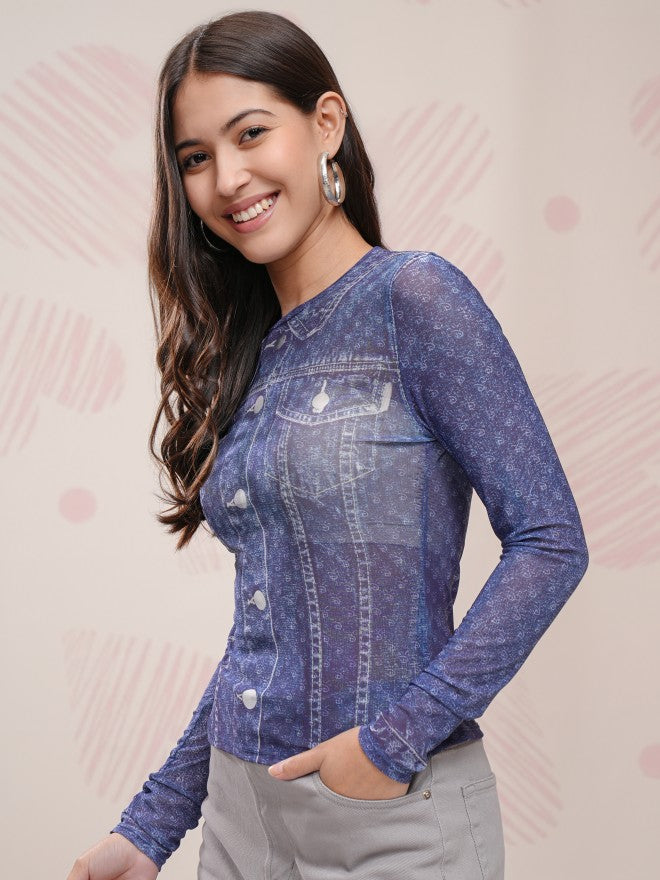 Disney By Tokyo Talkies Women Blue Mickey Mouse Printed Fitted Top - Blue - Image 4