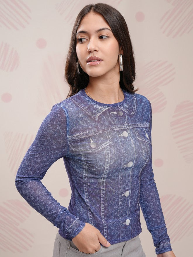 Disney By Tokyo Talkies Women Blue Mickey Mouse Printed Fitted Top - Blue - Image 6