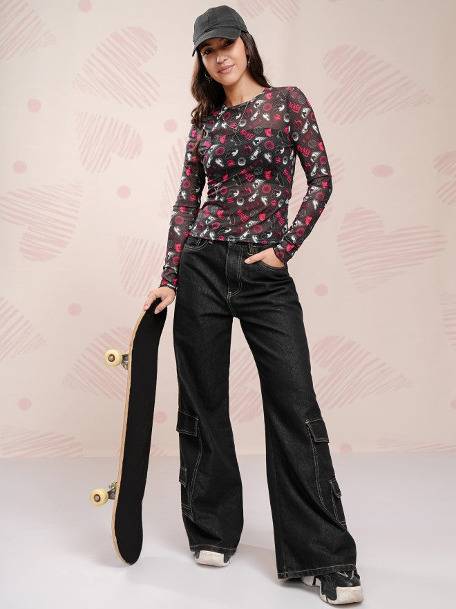 Disney By Tokyo Talkies Women Black Mickey Mouse Printed Fitted Top - Black - Image 2