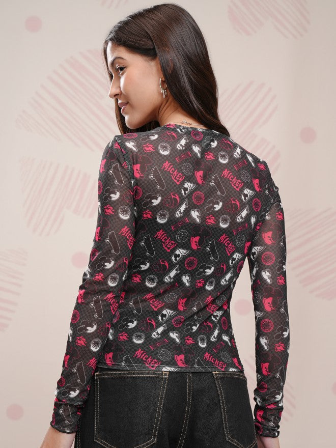 Disney By Tokyo Talkies Women Black Mickey Mouse Printed Fitted Top - Black - Image 3