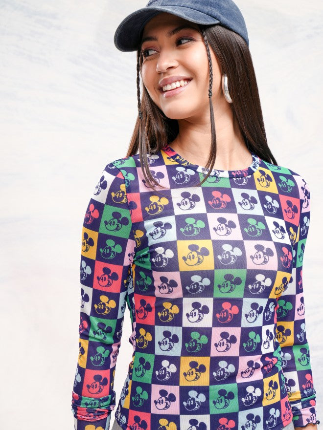 Disney By Tokyo Talkies Women Navy Blue Mickey Mouse Printed Fitted Top - Navy Blue - Image 1