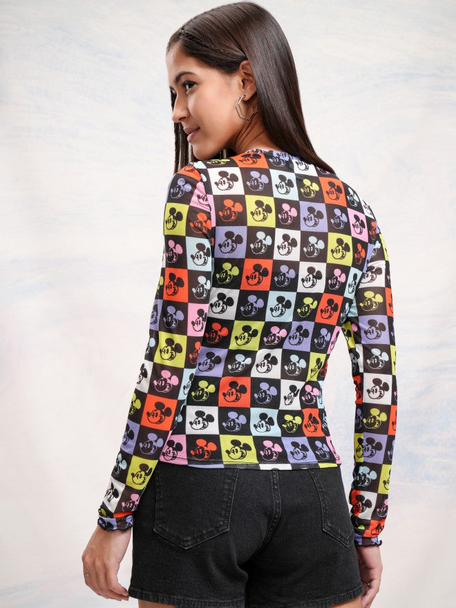Disney By Tokyo Talkies Women Black Mickey Mouse Printed Fitted Top - Black - Image 3