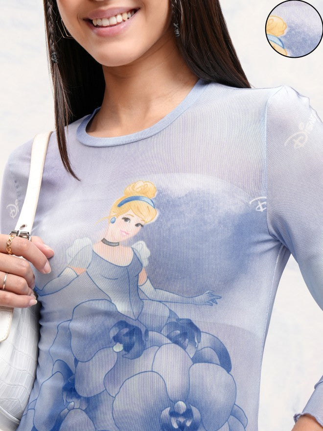 Disney By Tokyo Talkies Women Blue Cinderella Printed Fitted Top - Blue - Image 5