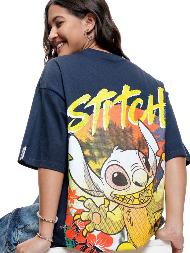 Disney By Tokyo Talkies Women Navy Blue Stitch Printed Round Neck T-Shirt - Navy Blue - Image 1