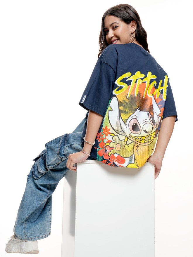 Disney By Tokyo Talkies Women Navy Blue Stitch Printed Round Neck T-Shirt - Navy Blue - Image 2