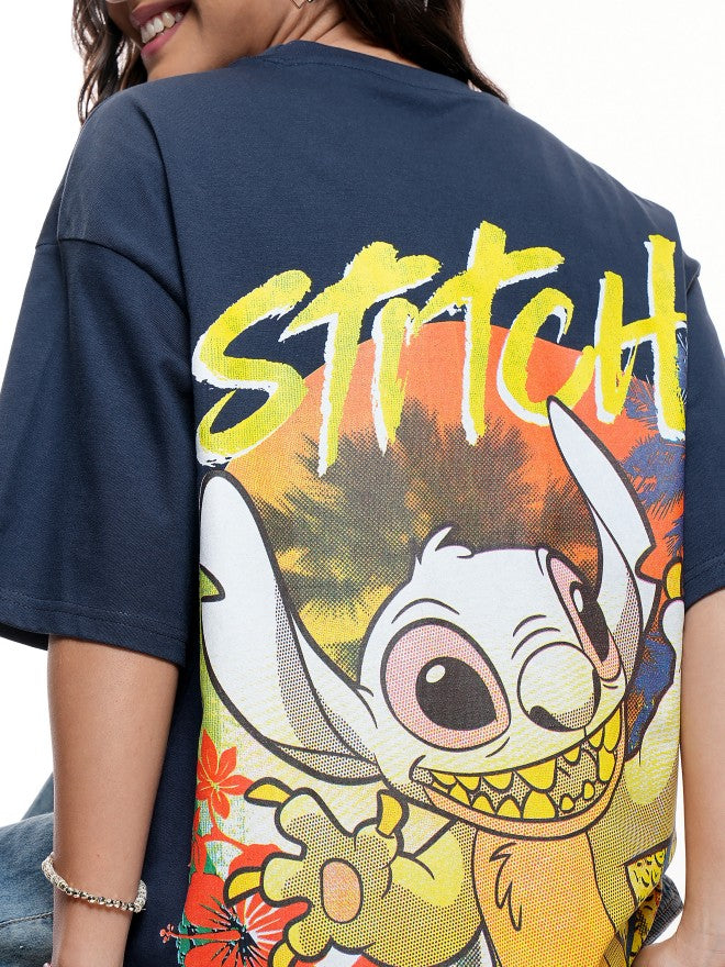 Disney By Tokyo Talkies Women Navy Blue Stitch Printed Round Neck T-Shirt - Navy Blue - Image 5