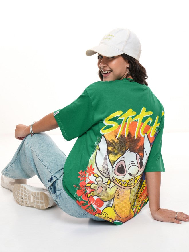 Disney By Tokyo Talkies Women Green Stitch Printed Round Neck T-Shirt - Green - Image 2