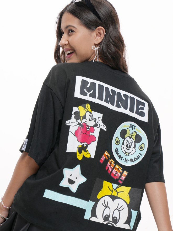 Disney By Tokyo Talkies Women Black Minnie Mouse Printed Round Neck T-Shirt - Black - Image 1