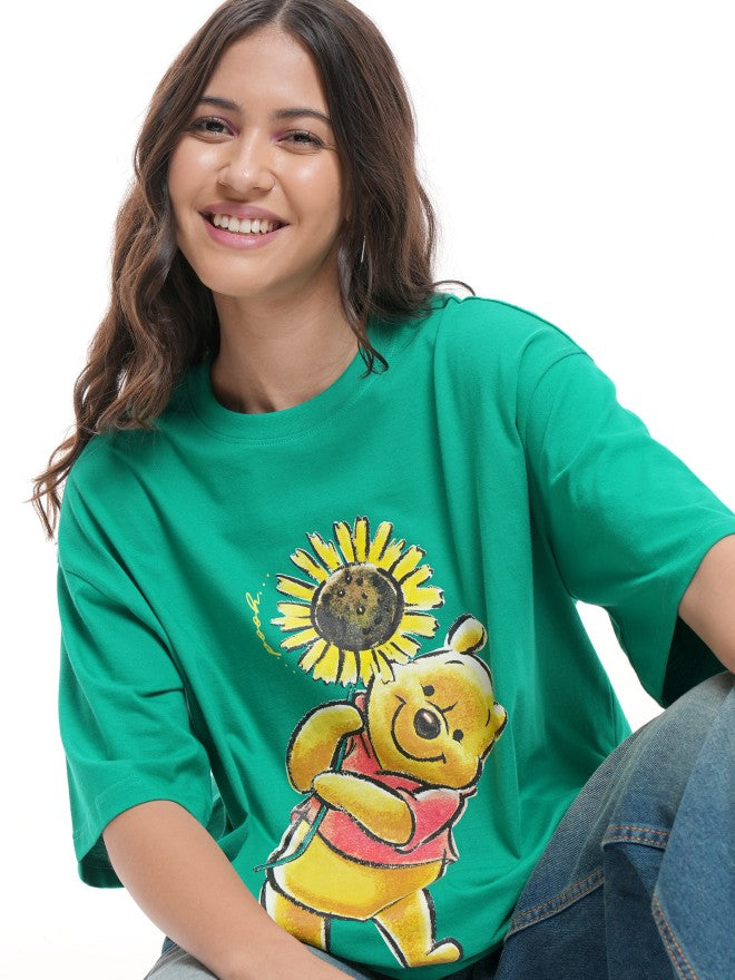 Disney By Tokyo Talkies Women Green Winnie The Pooh Printed Round Neck T-Shirt - Green - Image 1