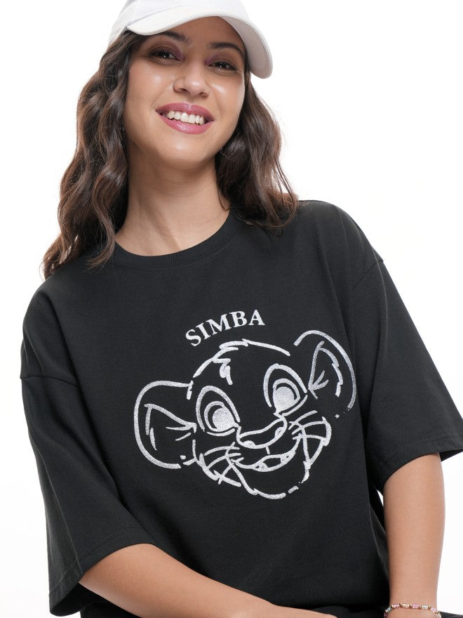 Disney By Tokyo Talkies Women Black Simba Printed Round Neck T-Shirt - Black - Image 1