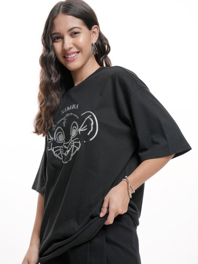 Disney By Tokyo Talkies Women Black Simba Printed Round Neck T-Shirt - Black - Image 4