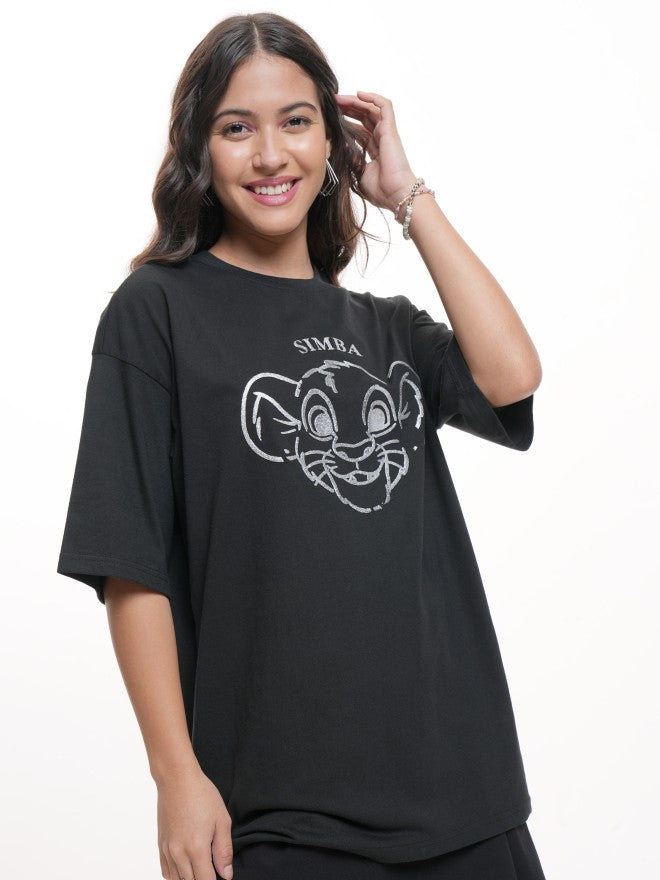 Disney By Tokyo Talkies Women Black Simba Printed Round Neck T-Shirt - Black - Image 6