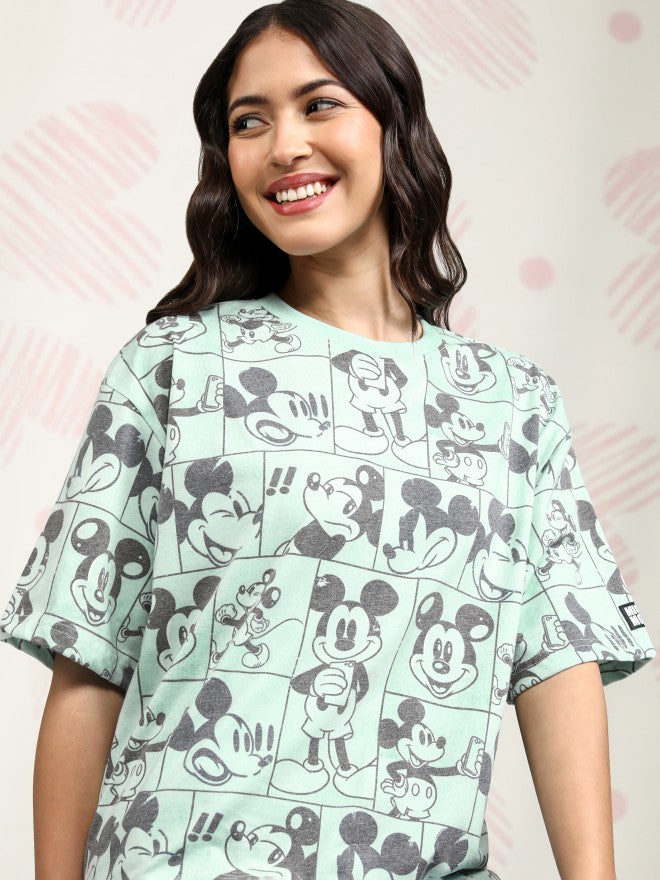 Disney By Tokyo Talkies Women Green Mickey Mouse Printed Round Neck T-Shirt - Green - Image 1