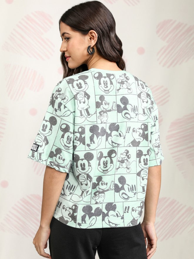 Disney By Tokyo Talkies Women Green Mickey Mouse Printed Round Neck T-Shirt - Green - Image 3