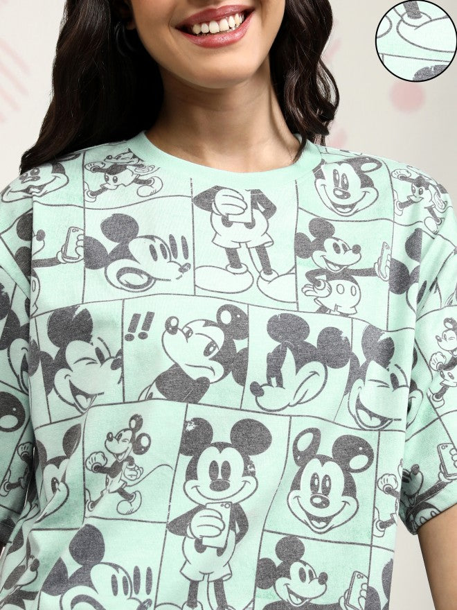 Disney By Tokyo Talkies Women Green Mickey Mouse Printed Round Neck T-Shirt - Green - Image 5