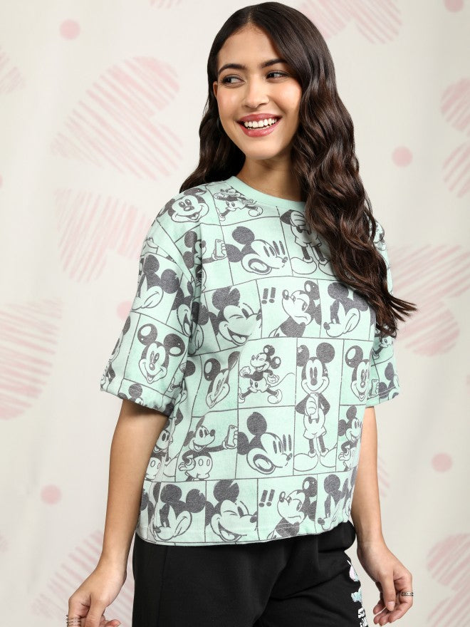 Disney By Tokyo Talkies Women Green Mickey Mouse Printed Round Neck T-Shirt - Green - Image 6
