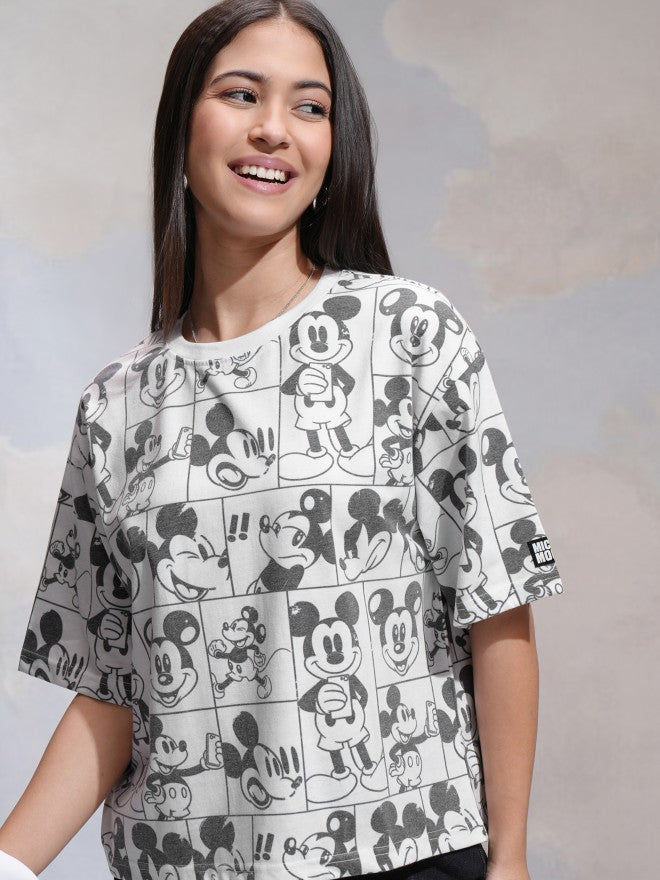 Disney By Tokyo Talkies Women White Mickey Mouse Printed Round Neck T-Shirt - White - Image 1